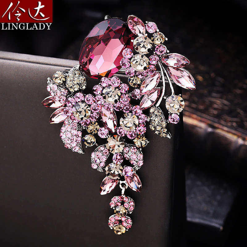 欧美紫色胸针奢华大气气质长款胸花夸张别针水晶玻璃 流年锦觅