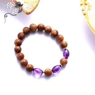 天然檀香木紫水晶手串男女情侣复古手链饰品