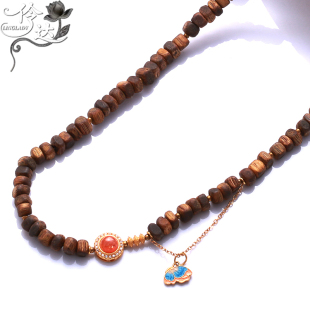 复古木质沉香项链女气质文艺金属吊坠锁骨链饰品