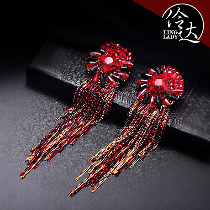 伶达长款流苏耳环喜庆红长款耳坠个性人工水晶耳饰品波西米亚民族