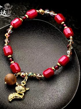 LINGLADY红色水晶珠手链女小马吊坠合金手串小众设计