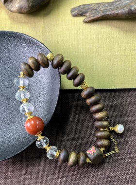 沉香木手链女复古文艺撞色手串