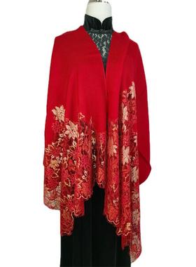 2024秋新款红色披肩婚礼妈妈喜婆婆旗袍喜服蕾丝披风高档羊毛围巾