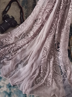 100%桑蚕丝围巾遮阳防晒头巾长款真丝披肩妈妈礼品刺绣丝巾女头巾