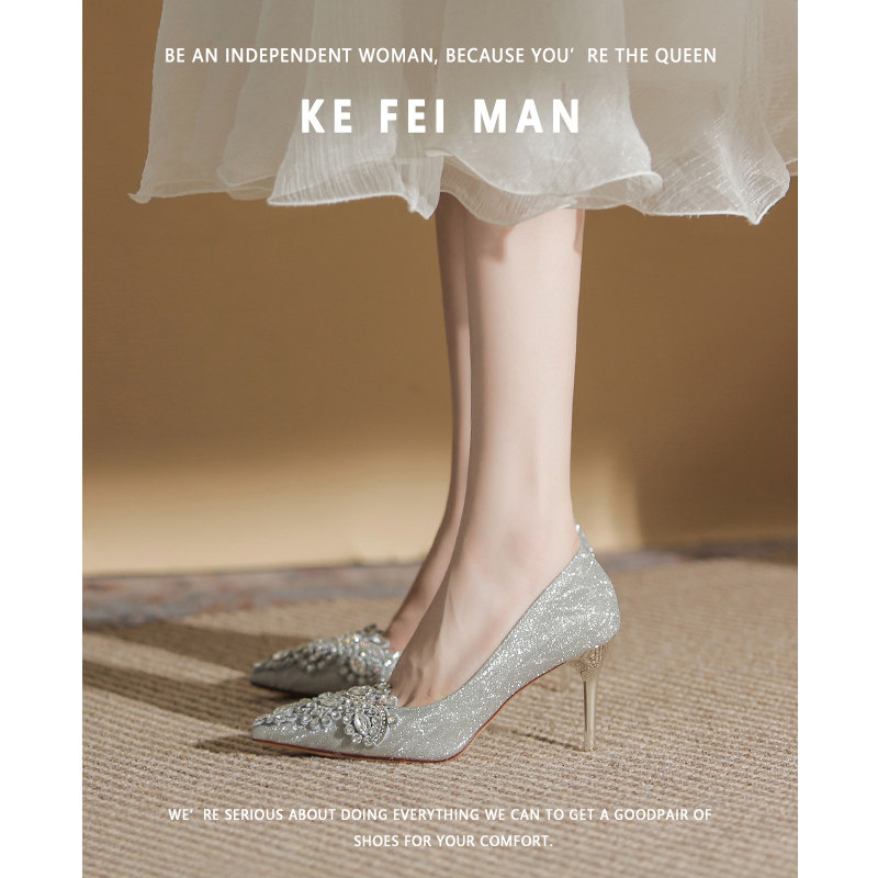 CRYSTAL WEDDING SHOES WOMENS FRENCH SEQUINS SILVER HIGH HEELS MAIN WEDDING DRESS BRIDAL SHOES CAN USUALLY BE WORN