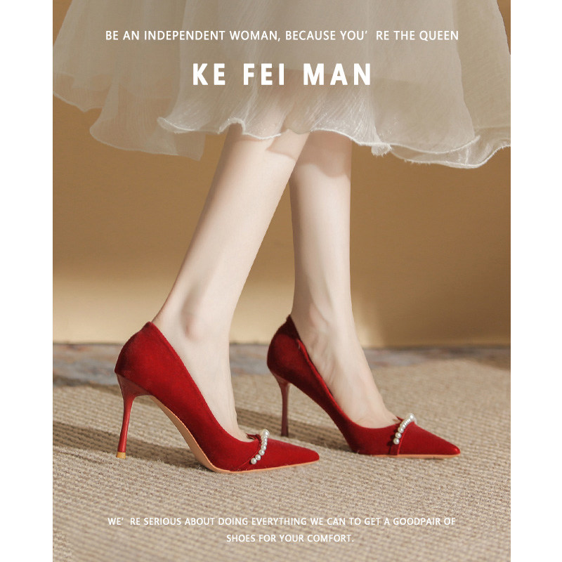 PEARL RED HIGH HEELS WEDDING SHOES WOMENS 2024 NEW XIUHE DRESS ENGAGEMENT WEDDING BRIDAL SHOES