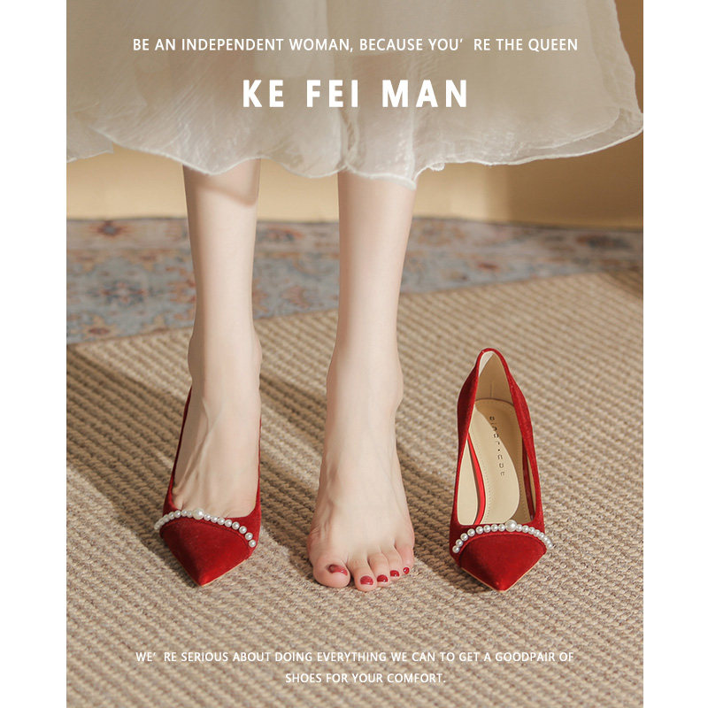 PEARL RED HIGH HEELS WEDDING SHOES WOMENS 2024 NEW XIUHE DRESS ENGAGEMENT WEDDING BRIDAL SHOES