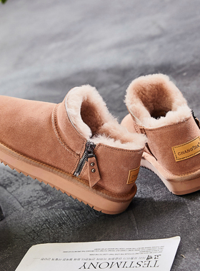 2022新款短筒拉链雪地靴牛皮羊毛一体保暖加厚棉鞋防滑女鞋包邮