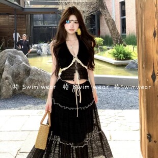 分体性感辣妹黑色v领纯欲聚拢挂脖仙气飘飘长裙海岛度假温泉泳衣