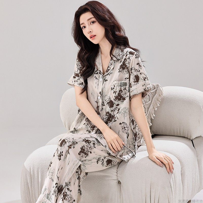 中年妈妈睡衣女夏季纯棉绵绸短袖女装时尚薄款开衫休闲家居服套装