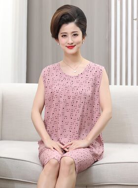 妈妈中年无袖背心纯棉家居服套装
