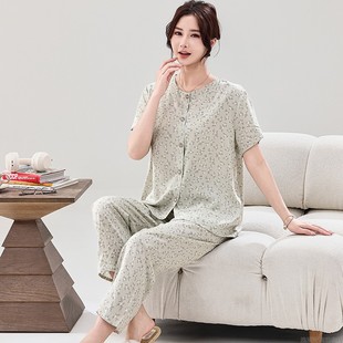 纯棉绸薄款 中年妈妈女装 睡衣女夏季 短袖 开衫 老人可外穿家居服套装