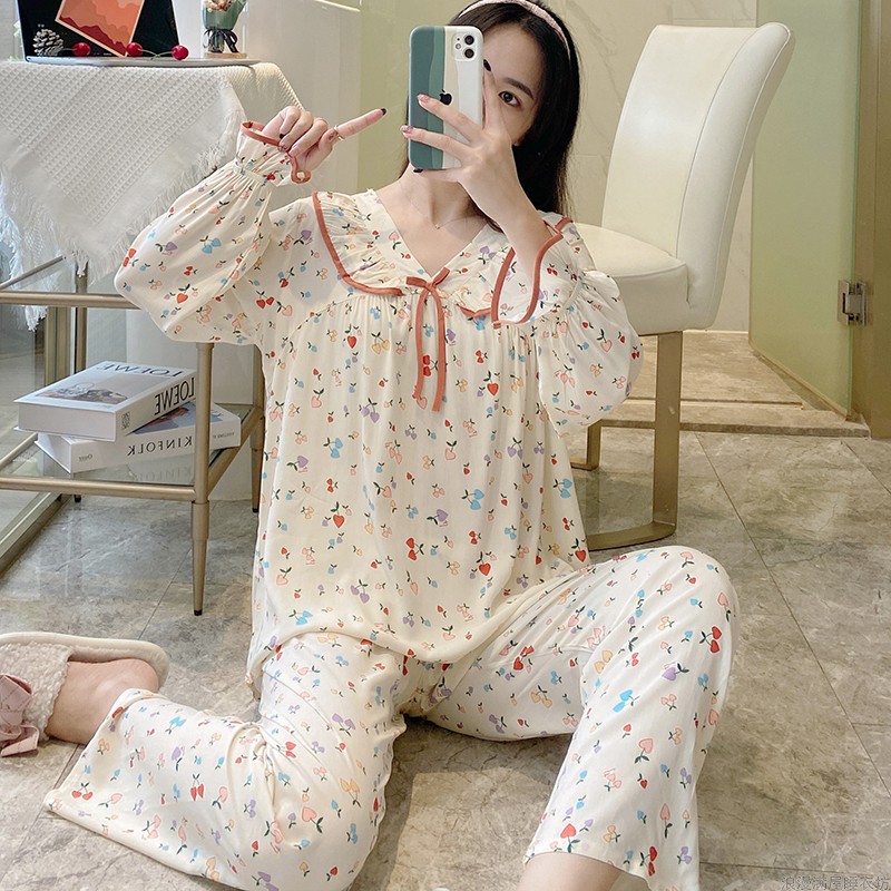 睡衣女春秋长袖薄款休闲女装空调服夏季纯棉绵绸可外穿家居服套装