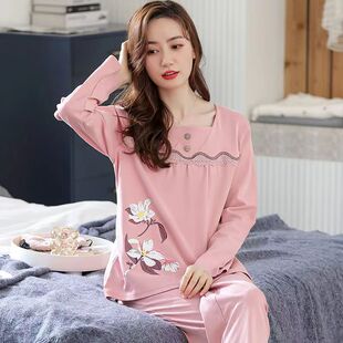 春秋季睡衣女纯棉长袖中年妈妈时尚少妇装时尚女装全棉家居服套装