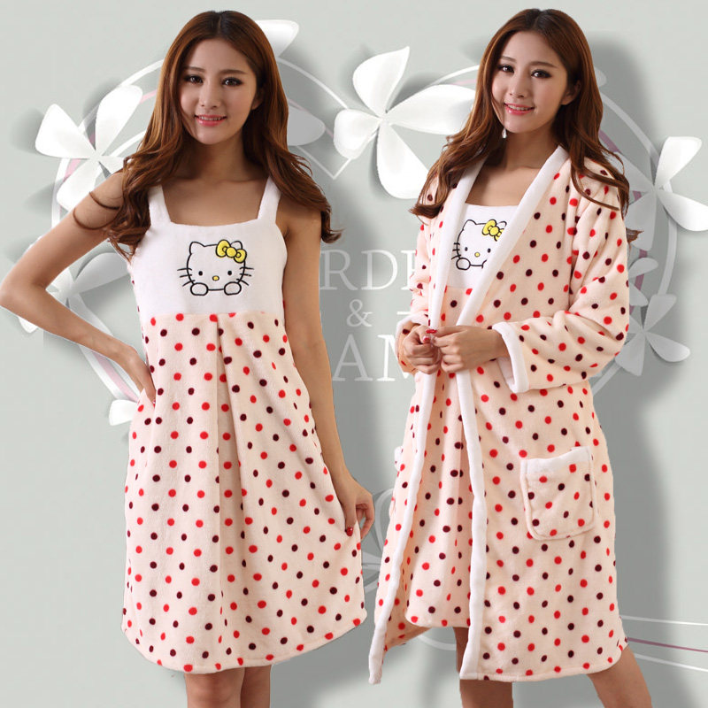 睡袍女冬珊瑚绒加厚浴衣日系可爱吊带睡裙两件套法兰绒套装家居服