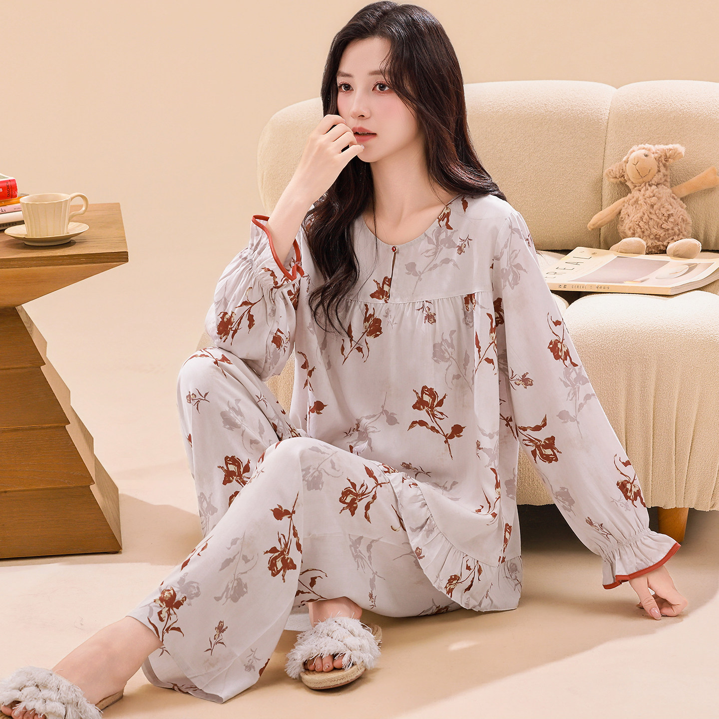 绵绸睡衣女夏长袖薄款空调服中年妈妈高档纯棉绸可外穿家居服套装