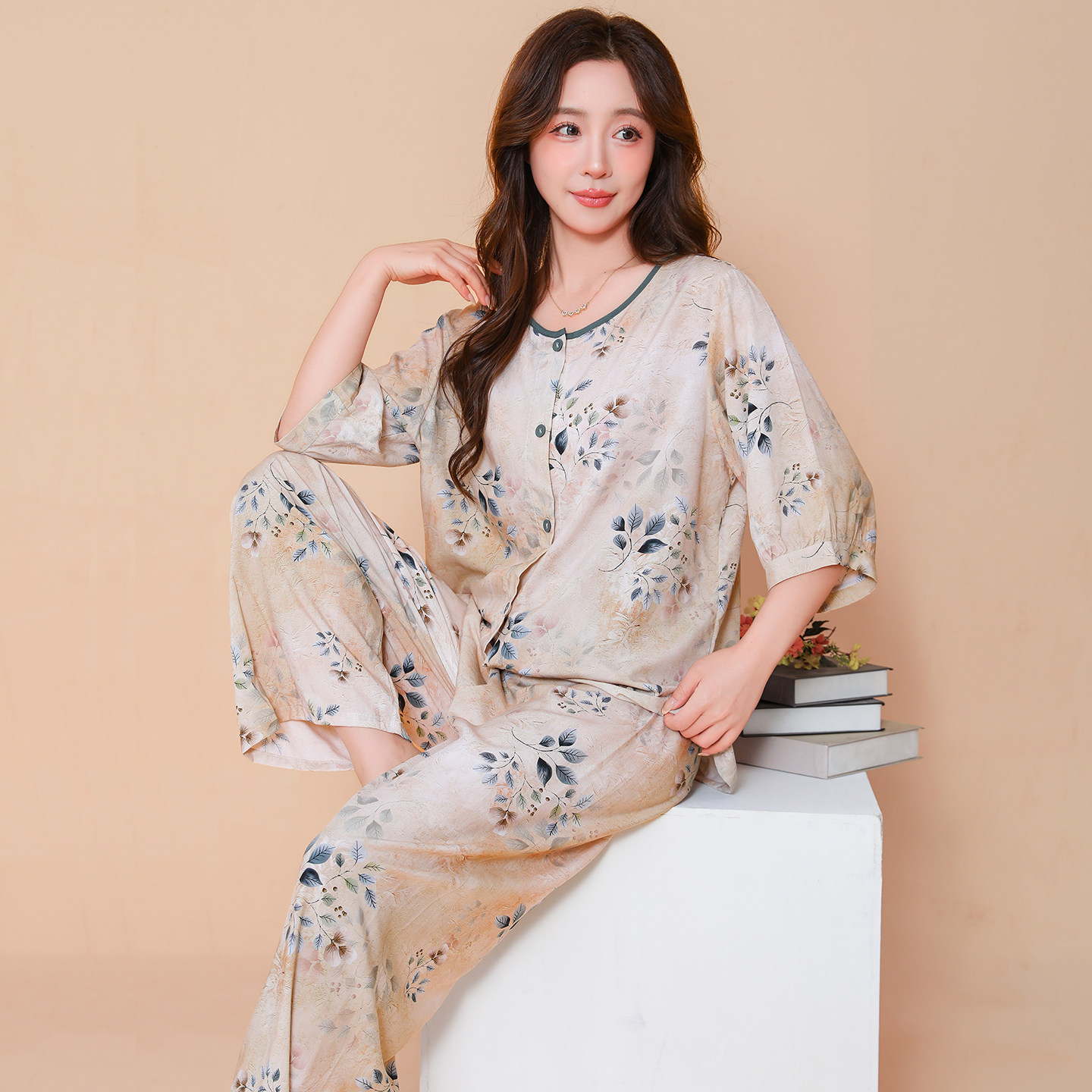 睡衣女夏季中老年开衫纯棉绸妈妈薄款素雅绵绸中袖休闲家居服套装