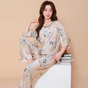 睡衣女夏季中老年开衫纯棉绸妈妈薄款素雅绵绸中袖休闲家居服套装