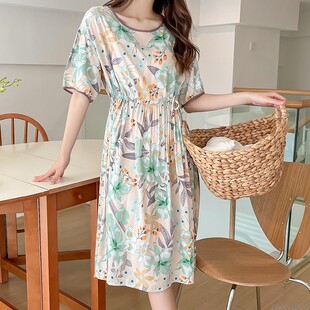 可收腰松紧睡裙女纯棉绸薄款显瘦睡衣女夏季休闲短袖可外穿连衣裙