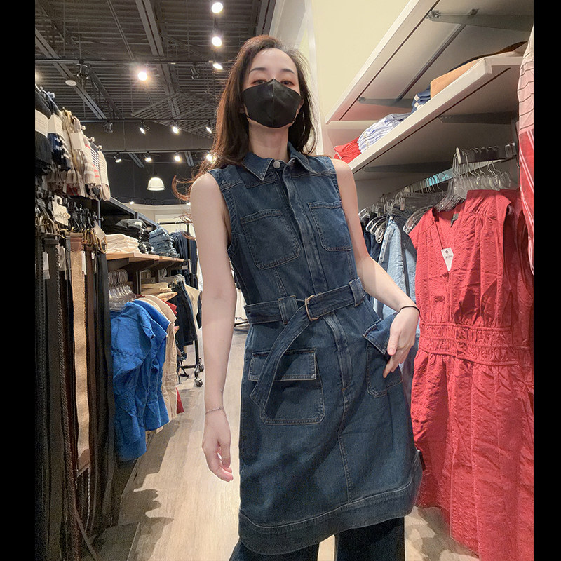 BANANA REPUBLIC女士新款半拉链时尚拼色无袖牛仔连衣裙BW18