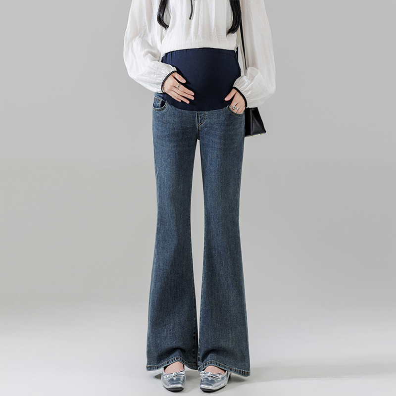 孕妇牛仔裤春秋外穿蓝灰色弹力微喇叭长裤2025新款托腹休闲裤子女