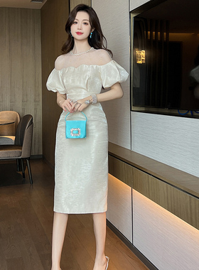 21288晚礼服女新款高级感夏季新款一字肩泡泡袖修身包臀中长款裙