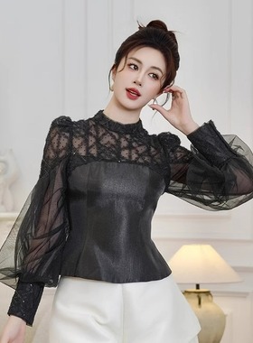 11693 春秋新款圆领网纱灯笼长袖拼接上衣女收腰显瘦名媛小衫