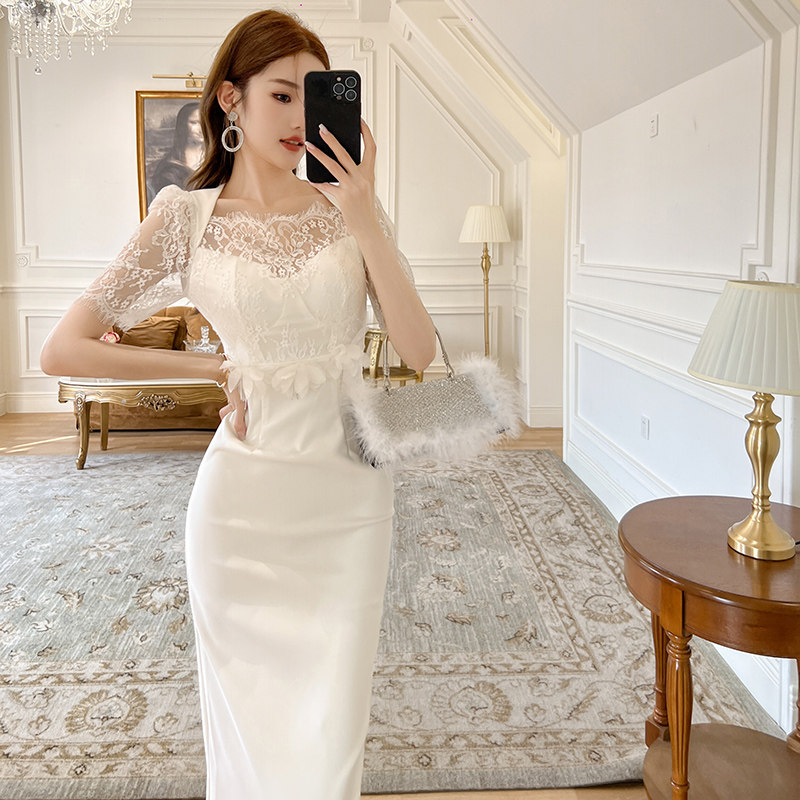 20372白色收腰长款新款名媛方领礼服裙蕾丝拼接修身