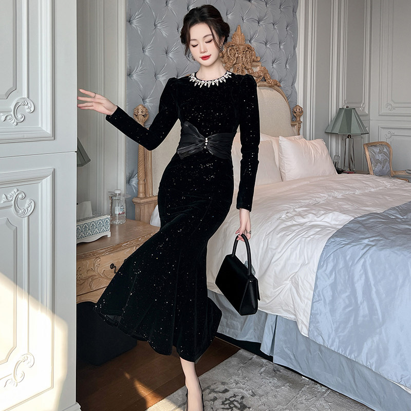 15360圆领长款鱼尾礼服连衣裙收腰包臀裙长款黑色蝴蝶结修身裙