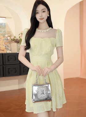 韩版轻奢小个子条纹短袖礼服