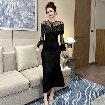 51130一字肩黑色连衣裙新款高端轻奢蕾丝拼接礼服鱼尾长裙子