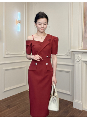 【十六定制】朱红色设计师修身新款方领连衣裙女装连衣裙50959
