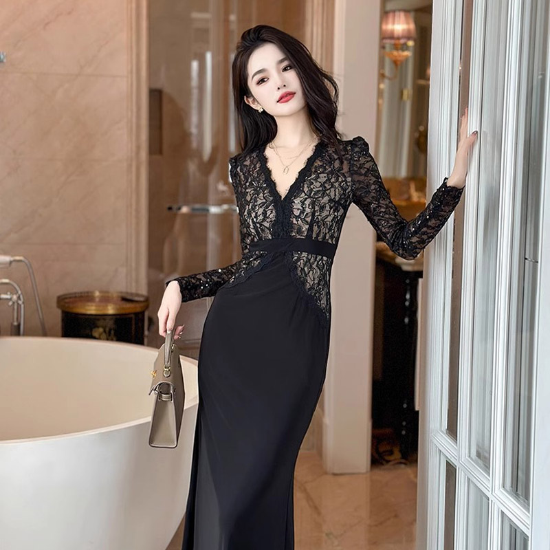 阔太太黑色连衣裙2024新款女早秋季高级感晚礼服蕾丝礼服鱼尾长裙