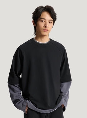 Adidas阿迪达斯时尚现代设计纯棉假两件运动休闲风长袖T恤KU5302