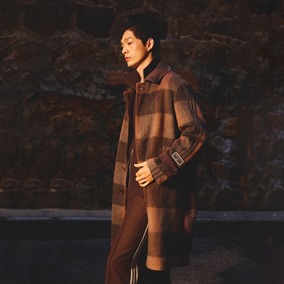 阿迪达斯男格子毛呢宽松风衣