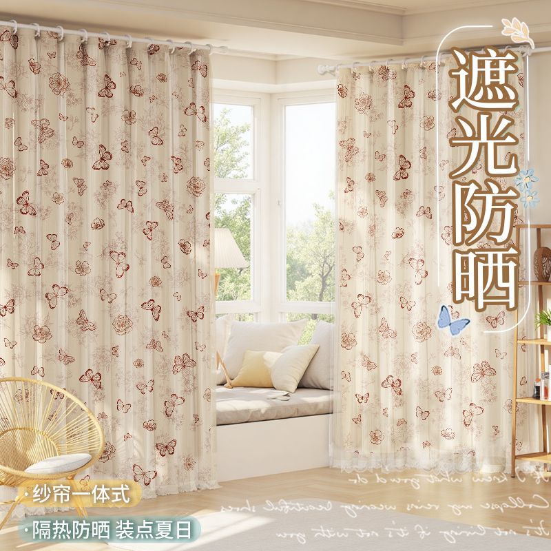 窗帘免打孔安装伸缩杆帘纱一体飘窗阳台遮阳遮光窗帘卧室落地窗帘