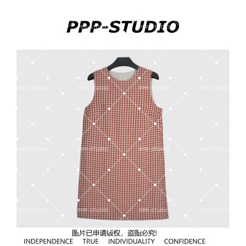 『PP-STUDIO』“亚麻”时尚撞色设计款格纹无袖连衣裙*20261462