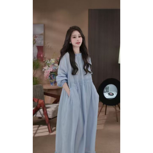 『PP-STUDIO』“100亚麻”时尚韩系甜美松紧收腰连衣裙*20260637