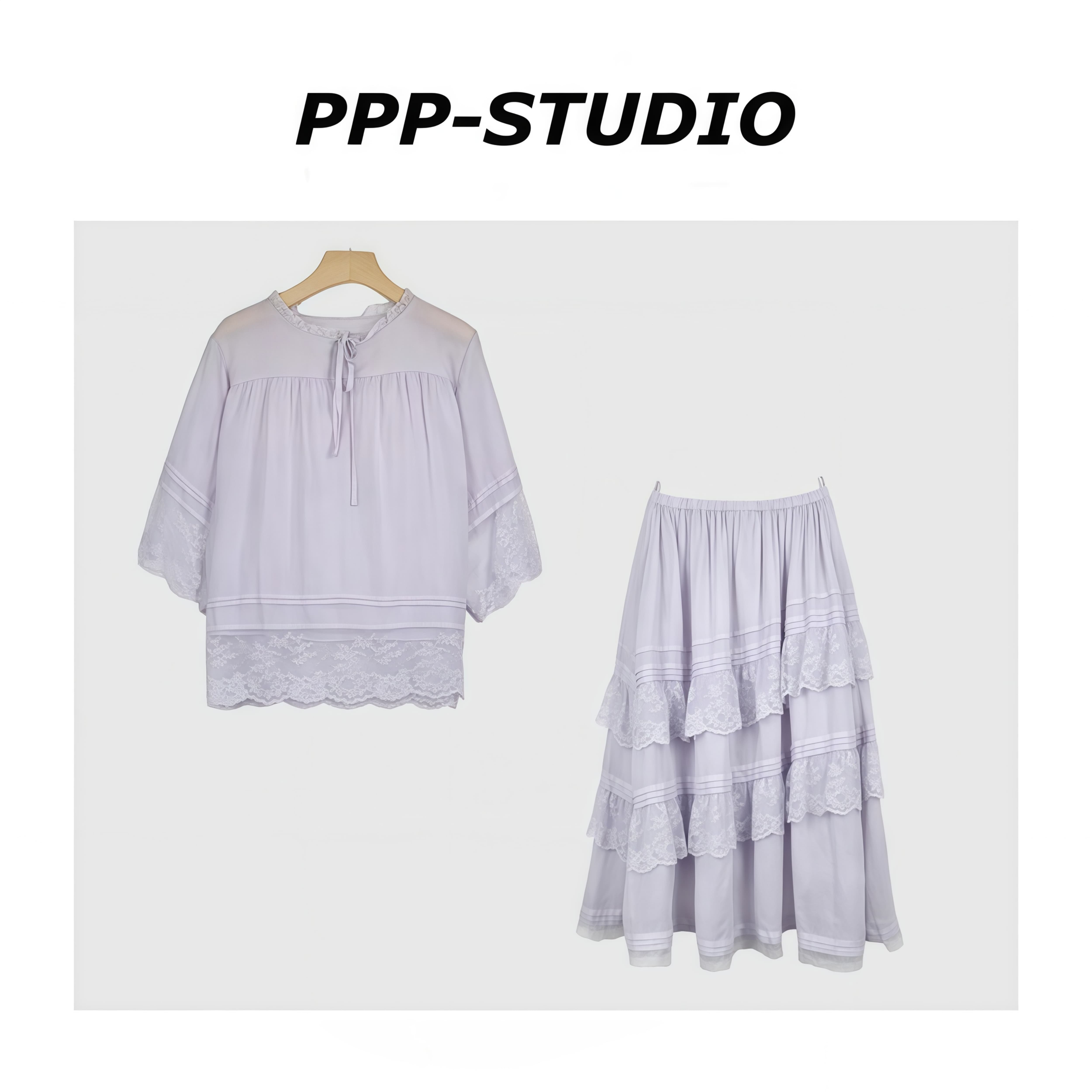 『PP-STUDIO』“苎麻”韩系甜美蕾丝上衣+半身裙套装*20260979