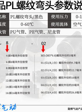 气动气管快插快速接头PL8-02黑色精品螺纹弯头PL4-M5/6-01/10-03