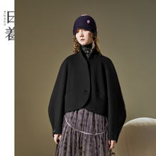 日着原创手工双面呢短大衣2025冬季新款小个子黑色茧型羊毛外套女