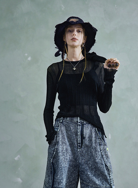 日着趣长袖针织T恤2026夏新款女士独特流行慵懒圆领修身休闲上衣