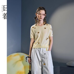 日着趣月亮针织衫2025新款夏装设计感穿搭黄色印花短袖薄女士上衣
