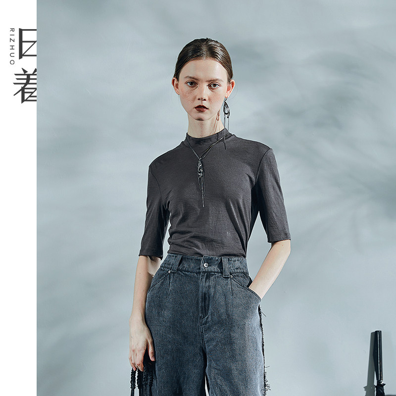 日着女装2026年秋季新款五分袖打底上衣修身半高领可机洗羊毛T恤