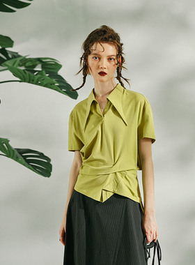 日着设计感女装2026夏季新款打褶尖领上衣不规则宽松短袖针织T恤