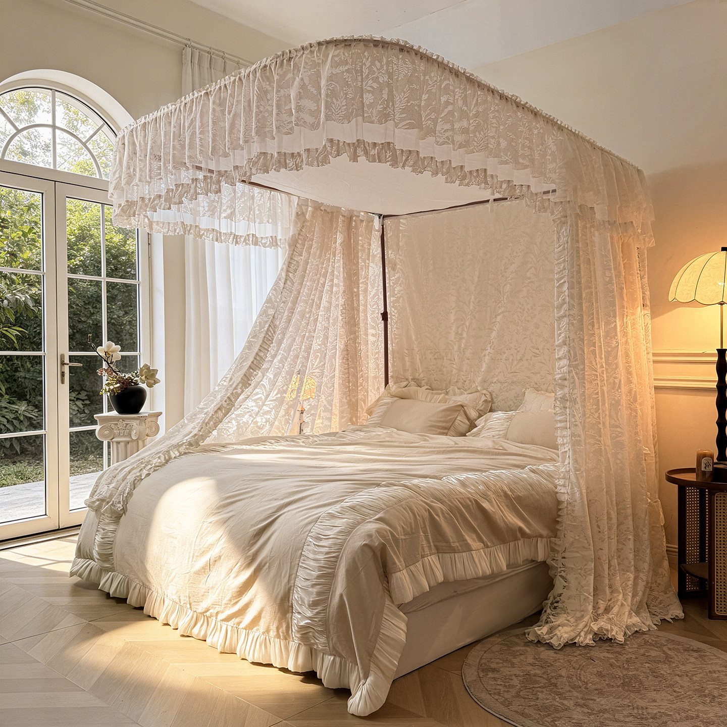 伸缩杆一体防蚊防尘顶镂空纱导轨铝合金支架蚊帐夏凉空调帐子