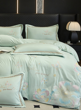 礼盒装A类纯棉全棉刺绣四件套140S简约轻奢绣花床单床笠被罩4件套