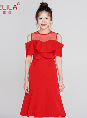 YIGELILA春夏红色露肩拼接网纱透视性感荷叶边连衣裙63530