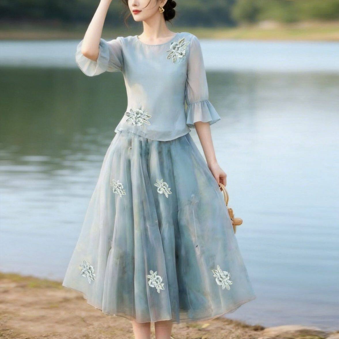 小个子国风套装女装2026夏季新款遮肉修身短袖雪纺衬衫刺绣半身裙