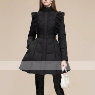 2025冬季新款富家千金风荷叶边飞肩设计系带A字加厚黑色羽绒服女